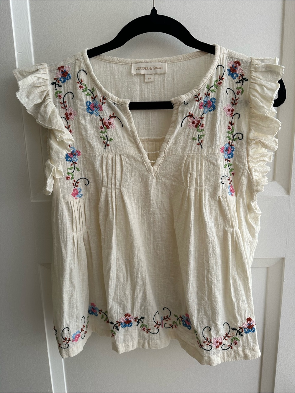 Romantic Embroidered Ruffle-Sleeve Blouse